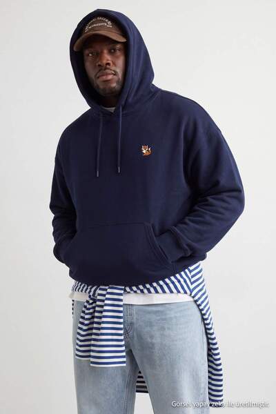 Trendyol Collection Plus Size Navy Blue Hooded Oversize/Wide Cut Fox Embroide...