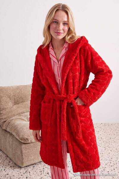 Trendyol Collection Red Belted Heart Polar Fleece Winter Knitted Dressing Gow...
