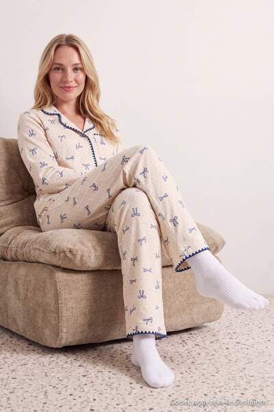 Trendyol Collection Ecru-Blue 100% Cotton Ribbon/Bow and Polka Dot Winter Bru...