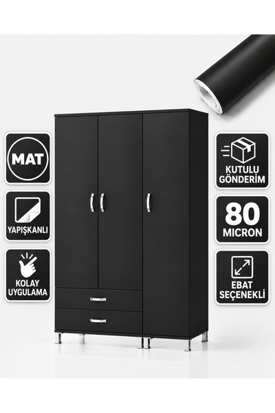 AUTOFOLYO Mat Siyah Yapışkanlı Folyo 40 X 1 Metre - Dolap Mobilya Kaplama Folyosu