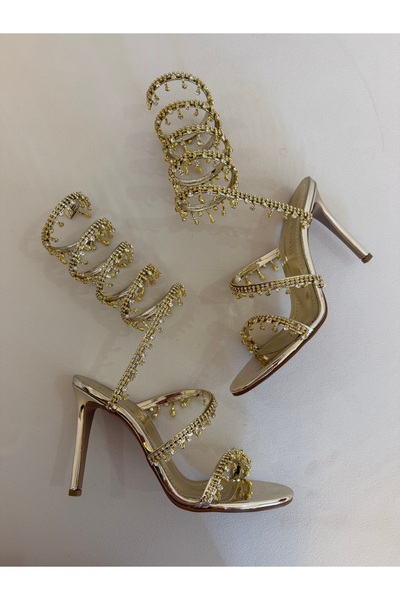 MYVOLANTE Women's Ankle-Wrapped Gold Heeled Shoes with Stone Detail Accessories