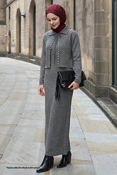 InStyle Anthracite Knitwear Set with Pearls and Bolero