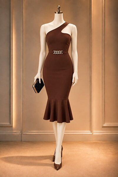 Modafeminen Chain Detail Imported Crepe Fabric Midi Length Fish Dress 582472 ...