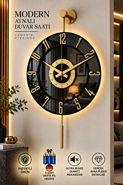 MetaQuartz Aksesuar Kardelen [ GOLD SİYAH ] LEDLİ 12 - 24 duvar saati