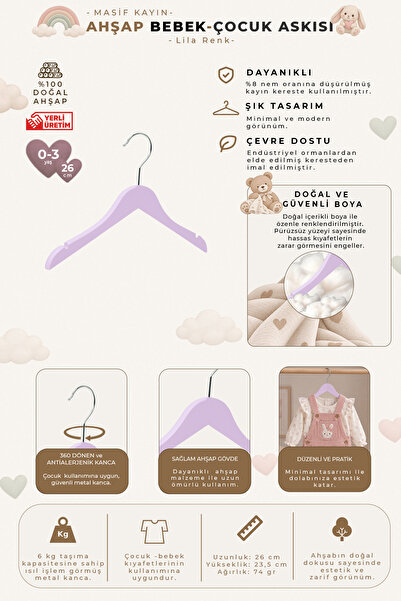 NYN Wooden Ksç 0-3 Years Old 26cm Baby-Child Hanger Lila Color 32 Pieces