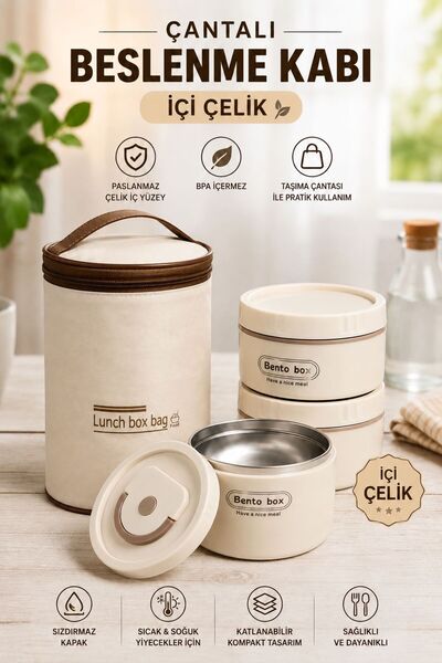 Genel Markalar 3 Katlı Termal Yalıtımlı Çantalı Sefer Tası - Taşınabilir Pasl...