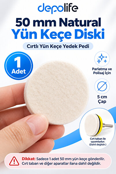 Depolife 50mm Natturel Yün Keçe Diski Cırtlı Yün Keçe 5cm Caplı Yedek Pedi