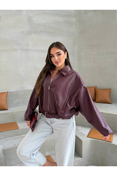 buqre's moda Νέα σεζόν Faux Oversize Belt Detail Bomber δερμάτινο μπουφάν