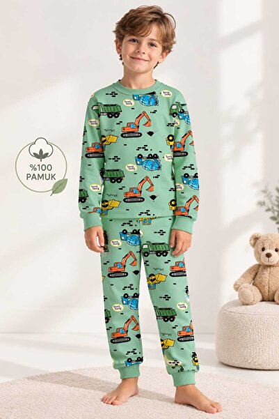 MADALİNA Erkek Çocuk %100 Pamuklu Yeşil Kepçe Desen Pijama Takımı