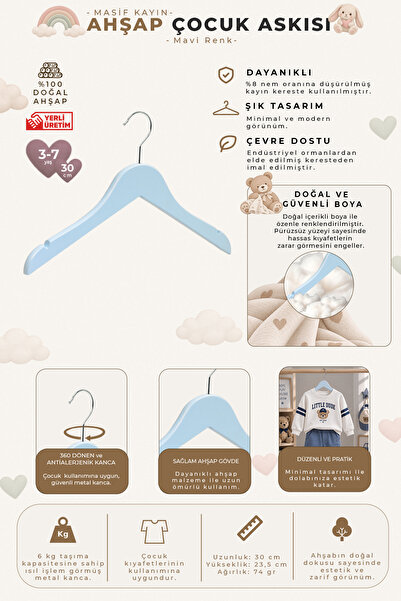 NYN Wooden Ksç 3-7 Years Old 30cm Children's Hanger Blue Color 12 Pieces