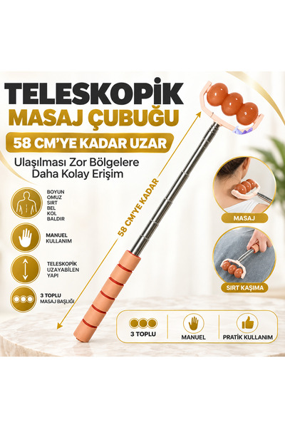 e-life shop Teleskopik Akupresür Masaj Çubuğu 58 cm 3 Toplu Manuel Uzun Saplı...