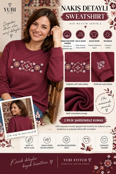 yubistitch Sweat Embroidered Cross Stitch Series-3 - Burgundy