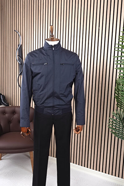 Jan Carlucci Slimfit Beli Lastikli Lacivert Yazlık İnce Mont