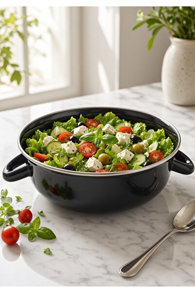 EBRULİEMAYE Siyah Retro Emaye Salata Kasesi Sunum Sosluk Tencere