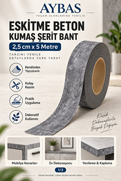 Aybas 2,5 cm x 5 Metre Eskitme Beton Desenli Yapışkanlı Kumaş Bant – Endüstri...