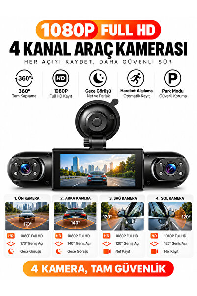 Qifit 4 Kameralı 360° Araç İçi Kamera Full HD 1080P WiFi Destekli Gece Görüşl...