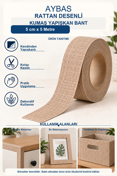 Aybas 5 cm x 5 Metre Rattan Desenli Dekoratif Şerit – Kendinden Yapışkanlı Mo...