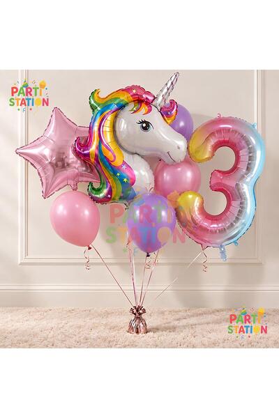 Parti Station Unicorn Gökkuşağı 3 Yaş Balon Folyo Set Konsept Doğum Günü Set ...