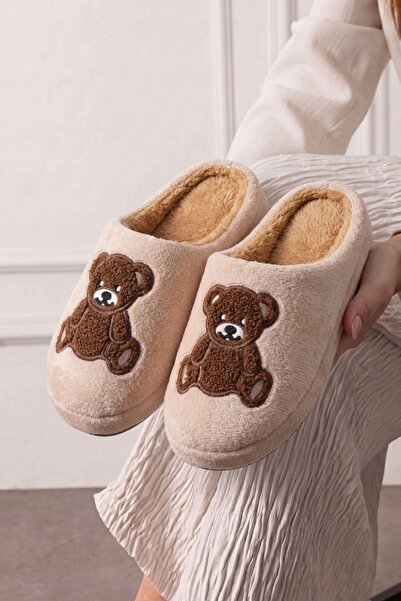 FUGA MODA Pepra Beige Teddy Bear Plush House Slippers Embroidered Winter Indo...