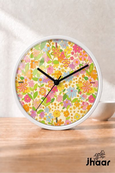 JHAAR Yellow Pink Wildflower Modern Wall Clock - Medium Size 25 cm - White Ca...
