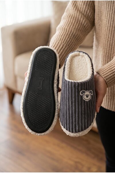 Moda Devrin Women's Gray Cute Dog Embroidered Plush Velvet House Slippers Non...