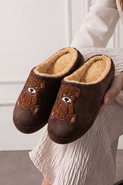FUGA MODA Pepra Brown Teddy Bear Plush House Slippers Embroidered Winter Indo...