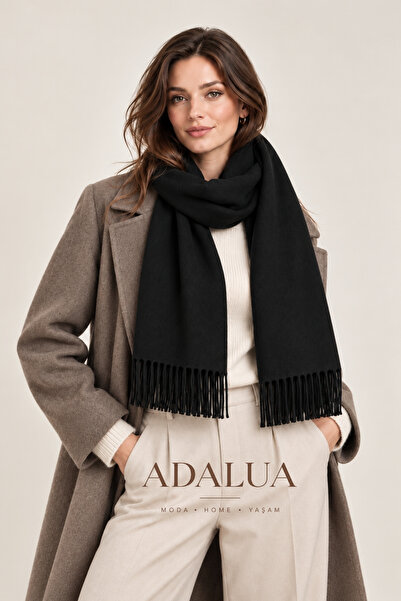 Adalua Siyah Atkı Kadın Erkek Unisex Kışlık Yumuşak Dokulu Püsküllü Şal 180x3...