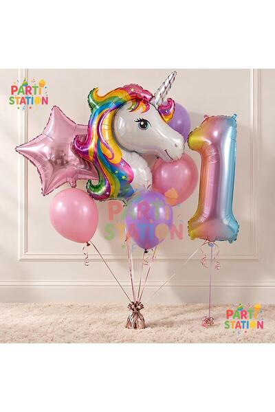 Parti Station Unicorn Gökkuşağı 1 Yaş Folyo Balon Set Konsept Doğum Günü Set ...