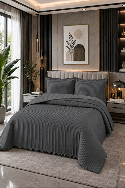 Bella Home Sofia Ponponlu Çift Kişilik Yatak Örtüsü Seti - 260x240 cm - Antrasit