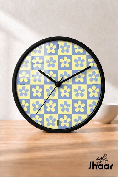 JHAAR Blue Yellow Checkered Floral Modern Wall Clock - Medium Size 25 cm - Bl...