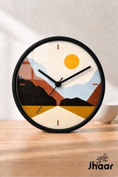JHAAR Moderni zidni sat Mountain View i Yellow Sun - Veliki XL 42 cm - Crno k...