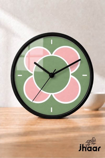 JHAAR Green Pink Large Flower Modern Wall Clock - Medium Size 30 cm - Black C...