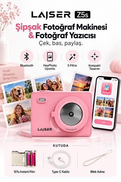 Laiser Z5s İnstant Kamera ve Fotoğraf Yazıcısı - Şipşak Fotoğraf Makinesi -Pembe