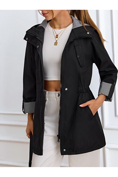 ladyzey Women's Jacket Collar Waist Elastic Foldable Sleeve Lined Trench Coat