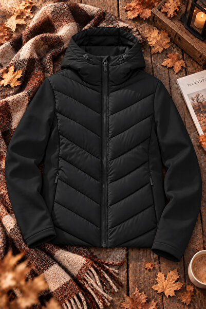 legends butik Kadın Softshell Kollu Kapüşonlu Çift Cepli Termal Şişme Mont