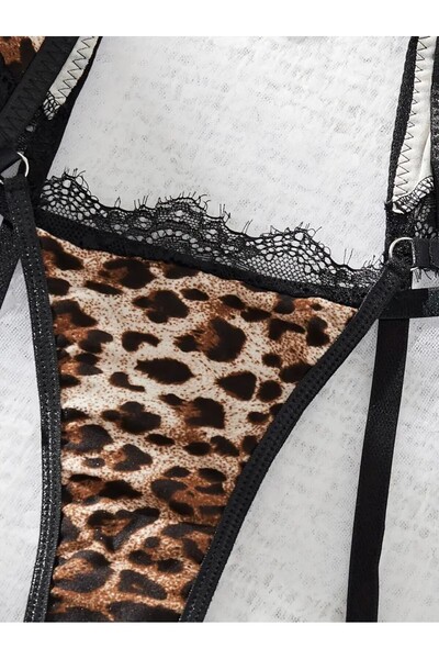 BERZÜM Kadın Seksi Leopar Desenli İç Çamaşırı Takımı 5 Parça Zincir Detaylı D...