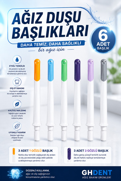 GHDENT GH15 Manuel Ağız Duşu 6 Başlıklı Özel Set / Askılıklı Set (BPA Free, FDA Kriterli)