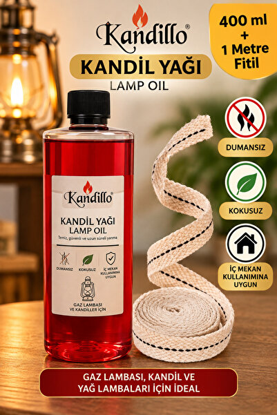 Dünya Magnet Kandillo Kırmızı Kandil Yağı 400 ml + 1 Metre Fitil, Kokusuz Dum...