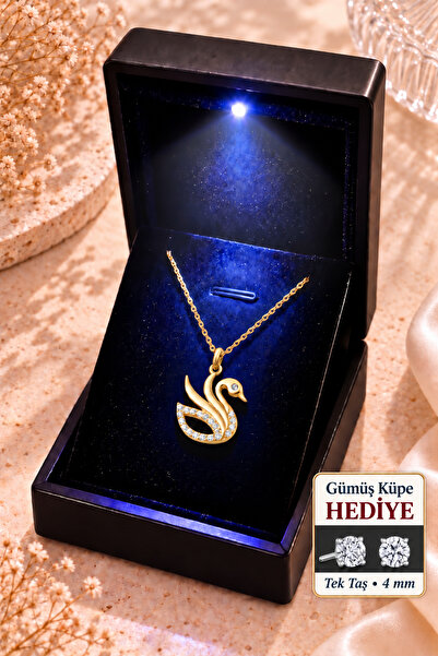 emirOmade 925 Ayar Gümüş Işıklı Kutuda Zarif Kuğu Kolye Gold Rengi 1,3x1,5cm ...