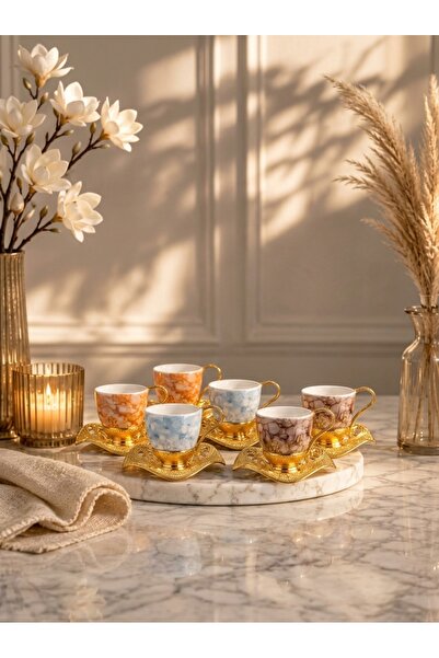 Generic Turkish Coffee Set for Six with Metal Gold Colored Racks and Plates -...