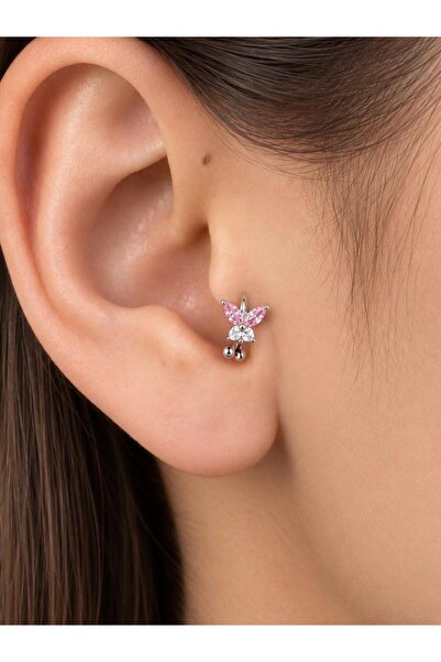 Arescollection Cerrahi Çelik Mini Kelebek Pembe Taşlı Halka Tragus Piercingi