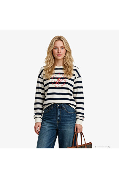 Tommy Hilfiger TH ROUNDAL C-NK RLX LONGSLEEVE Kadın Beyaz T-Shirt - WW0WW50969