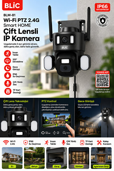 Blic 6MP Çift Lens WiFi PTZ IP Güvenlik Kamerası | 2.4GHz Kablosuz | 355° Dön...