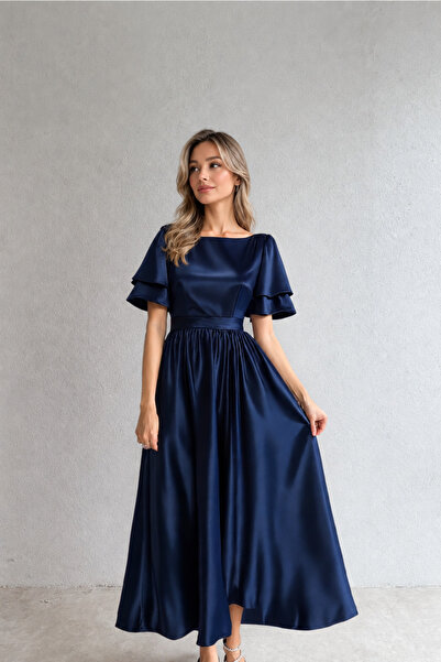 Nika Fashion Lisa Kadın Saten Abiye Lacıvert