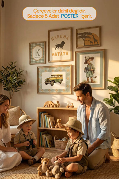 Kids Çocuk Odası İçin Safari Macera Duvar Sanatı Çerçevesiz Vintage Seti