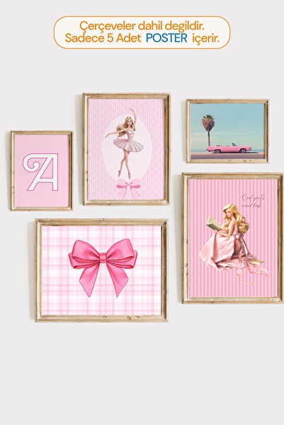 Kids Pembe Kız Çocuk Odası Balerin Temalı Çerçevesiz Set - 5'li Duvar Dekoru
