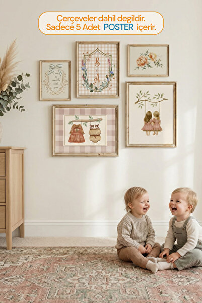 Kids İki KIZ Kardeş Temalı Vintage Çerçevesiz 5'li Set