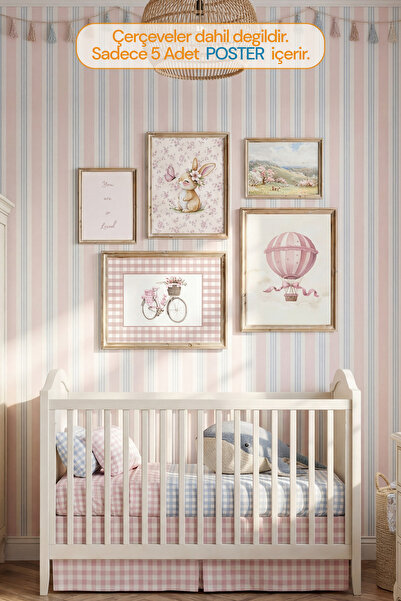 Kids 5’li Pembe Vintage Çocuk Odası Çerçevesiz Poster Seti