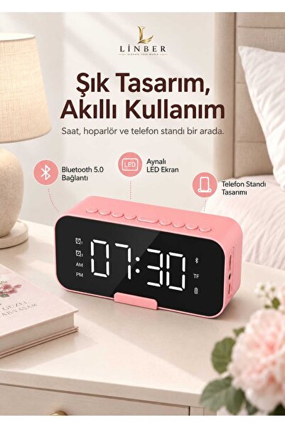 Linber Pembe Bluetooth 5.0 Aynalı Masa Saati ve Hoparlör – 2 Alarm, Erteleme,...