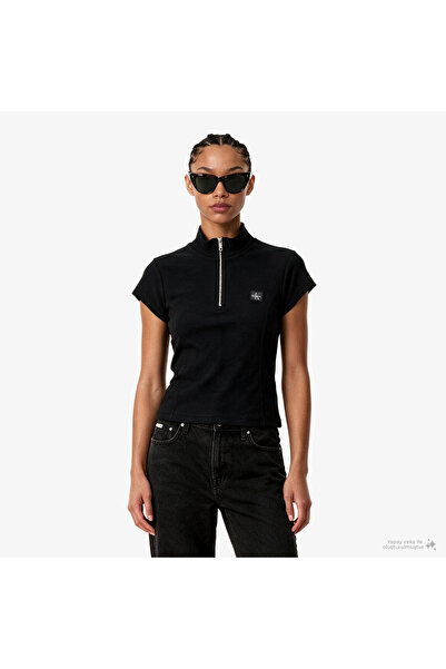 Calvin Klein SS WOVEN LABEL 2X2 B, UB1 Kadın Siyah T-Shirt & Polo
